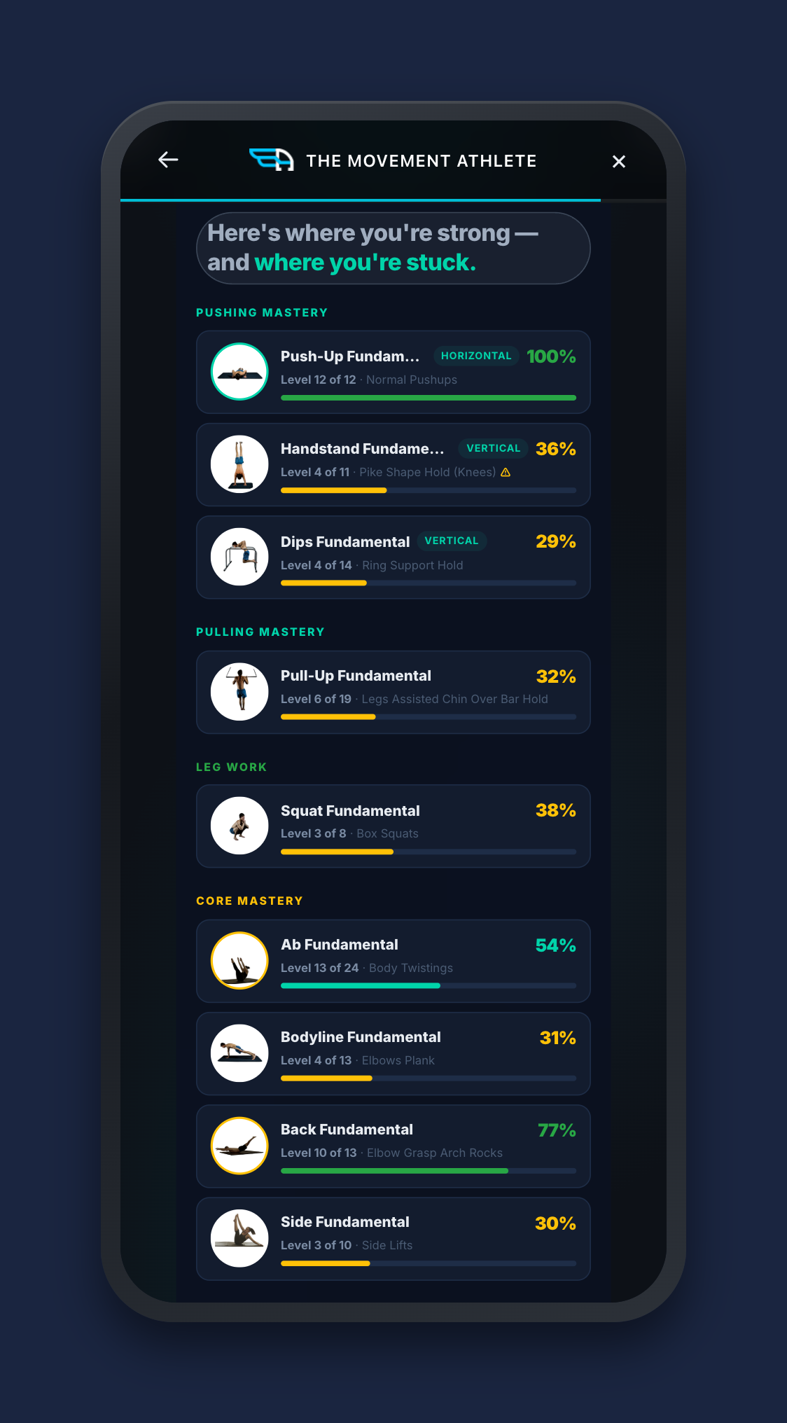 The assessment's results screen: all nine fundamental movements, each placed at an exact level with a progress bar