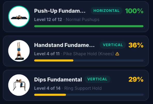 Three of the assessment's nine rows — Push-Up Fundamental level 12 of 12, Handstand level 4 of 11, Dips level 4 of 14, each with its progress bar
